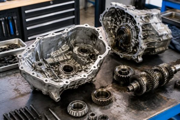 Gearbox casing opened on a rebuild workbench