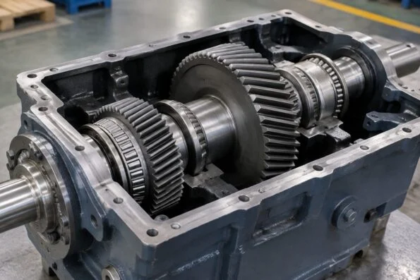 Open industrial gearbox with tapered roller bearings seated on the shafts