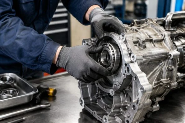 Technician fitting a bearing into a transmission housing