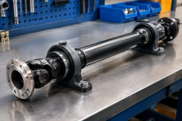 Drive shaft assembly with mounted bearings on a workbench