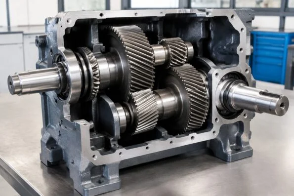Open industrial gearbox showing input, intermediate and output shafts with helical gears