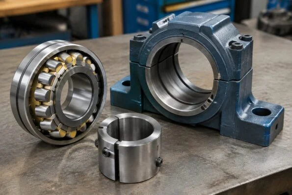 Spherical roller bearing, adapter sleeve and split housing laid out together on a workbench