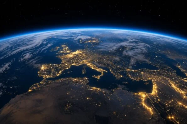 Night view of the Earth from orbit with city lights across continents