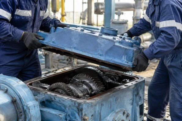 Maintenance technicians lifting a gearbox cover during a planned plant shutdown