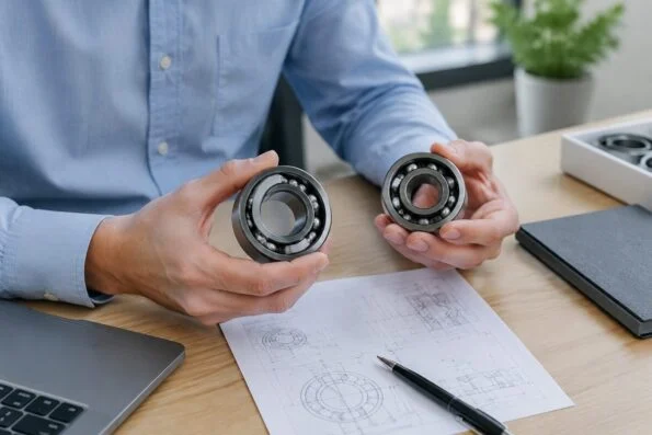 Procurement engineer comparing two roller bearings at a desk