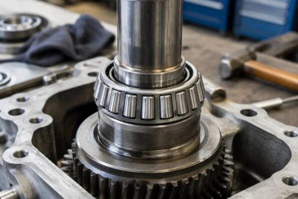 Tapered roller bearing seated on a gearbox shaft during a rebuild