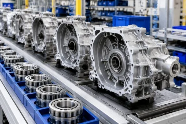 Gearbox housings lined up on an assembly line with roller bearings ready for fitting