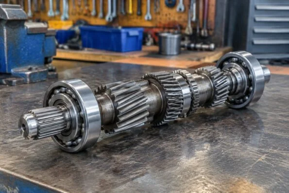 Gearbox shaft with bearings fitted at both ends on a workshop bench