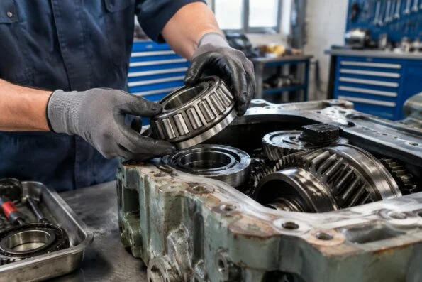 Mechanic lifting a tapered roller bearing out of an opened industrial gearbox housing in a repair workshop