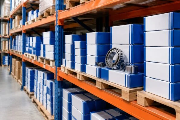 Warehouse shelves stacked with boxed Koyo roller bearings ready for repeat shipment