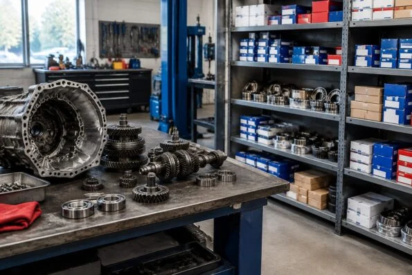 Transmission repair workshop with boxed bearings sorted on shelves beside a workbench