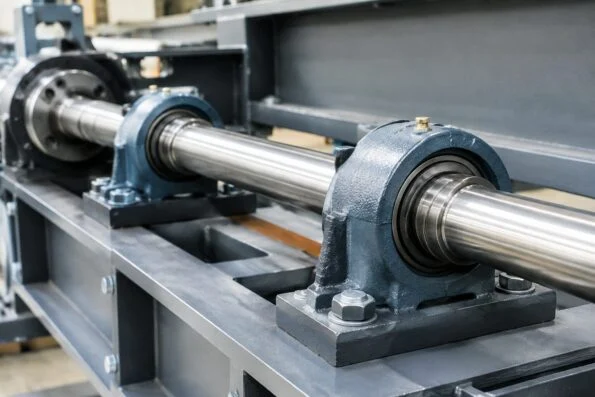 Long drive shaft supported by bearing housings in a machinery frame