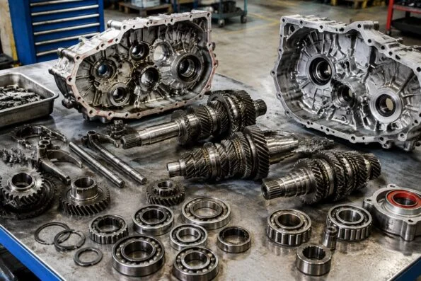 Disassembled gearbox on a rebuild shop floor with shafts, gears and removed bearings laid out