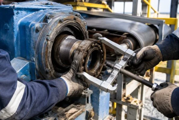 Maintenance technicians removing a worn bearing from a conveyor drive during a shutdown