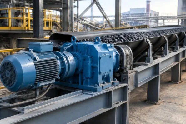 Steel plant conveyor line driven by a heavy industrial gearbox