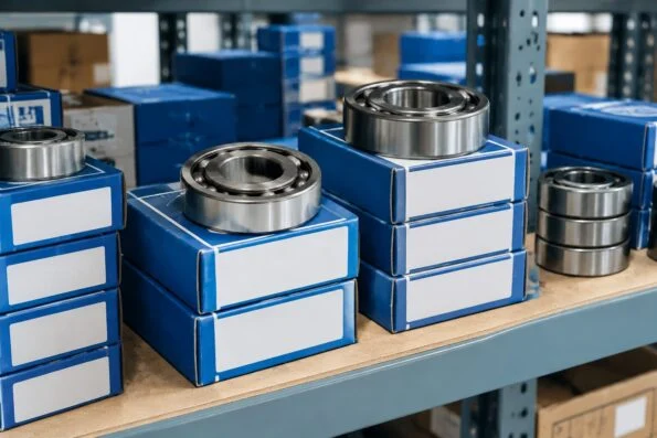 Stacked bearings in original manufacturer boxes on a warehouse shelf