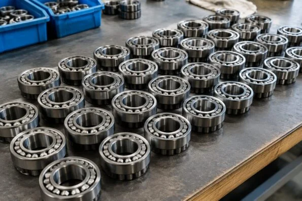 Roller bearings laid out in rows on a workbench for counting