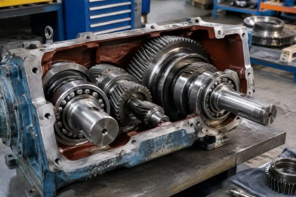 Open industrial gearbox with shafts exposed during an overhaul in a repair workshop