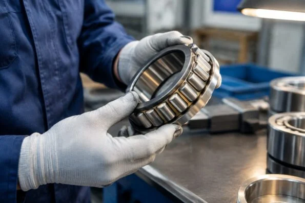 Technician holding a cylindrical roller bearing under workshop light to inspect its rings