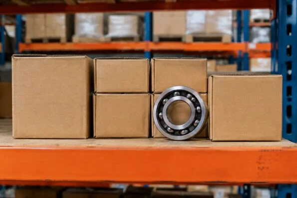 Boxed bearing on a warehouse shelf, photographed from the front