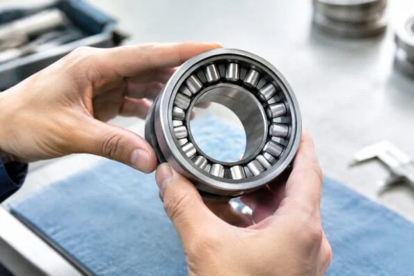 Hands holding a cylindrical roller bearing for visual inspection