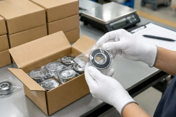 Bearing in original manufacturer packaging being checked at a packing table