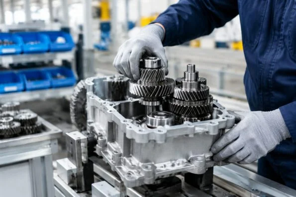 Machine builder assembling a gear unit on a production line