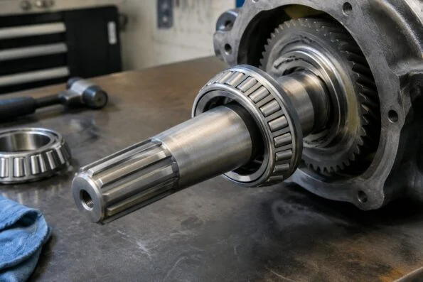 Tapered roller bearing being fitted onto a gearbox shaft on a workshop bench