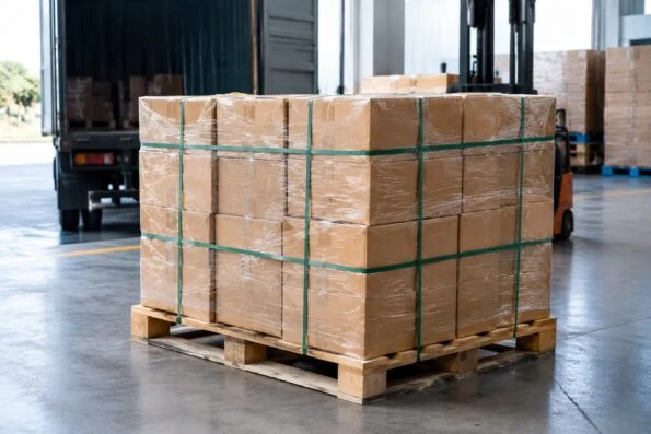 Packed bearing cartons strapped on a pallet in a dispatch area