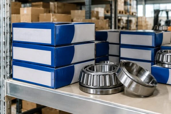 Boxed Koyo tapered roller bearings stacked on a warehouse shelf ready for dispatch