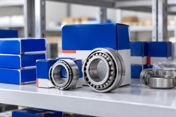 Packaged Koyo roller bearings on a clean warehouse shelf